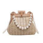 Nice Pearl Chain Straw Bag Mulheres Hand-Woven Handbags Mulheres Verão Madeira Rattan Shoulder Bag Marca de Luxo Crossbody Bag