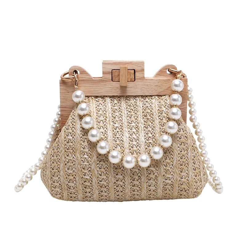 Nice Pearl Chain Straw Bag Mulheres Hand-Woven Handbags Mulheres Verão Madeira Rattan Shoulder Bag Marca de Luxo Crossbody Bag