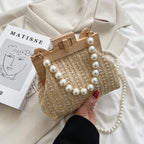 Nice Pearl Chain Straw Bag Mulheres Hand-Woven Handbags Mulheres Verão Madeira Rattan Shoulder Bag Marca de Luxo Crossbody Bag