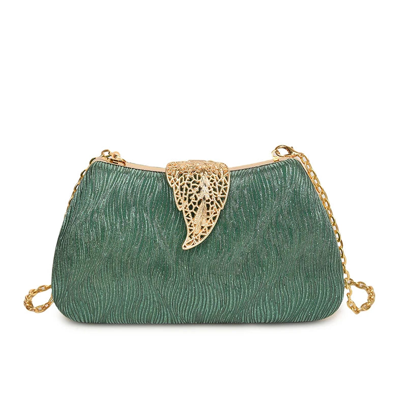 Saco de banquete de fivela de folha elegante, Bolsa portátil com corrente versátil, Vestido Cruz Diagonal, Novo, 2024