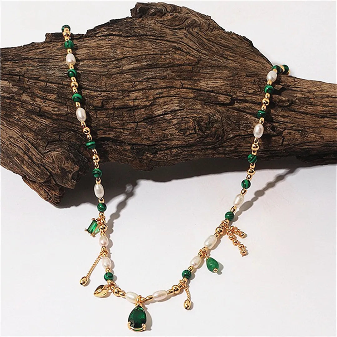 Natural verde malaquita pedra grânulos pérola borla colar para mulher clavícula corrente zircão pingente elegante charme festa jóias