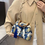 Bolsa de mão de noite com alça de rattan, guindaste coroado vermelho, estampa de borla, corrente, bolsa de ombro, bolsa crossbody para mulheres, noiva, casamento