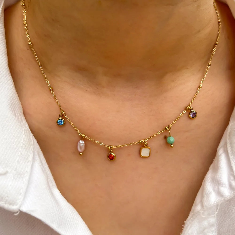 V. Aço inoxidável moda borla natural pérola concha colar de pedra natural feminino jóias estéticas