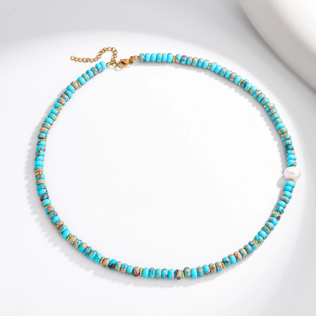 Gargantilha de pérolas e turquesa natural para mulheres, colar com pérolas, moda feminina, acessórios de jóias para pescoço, presentes