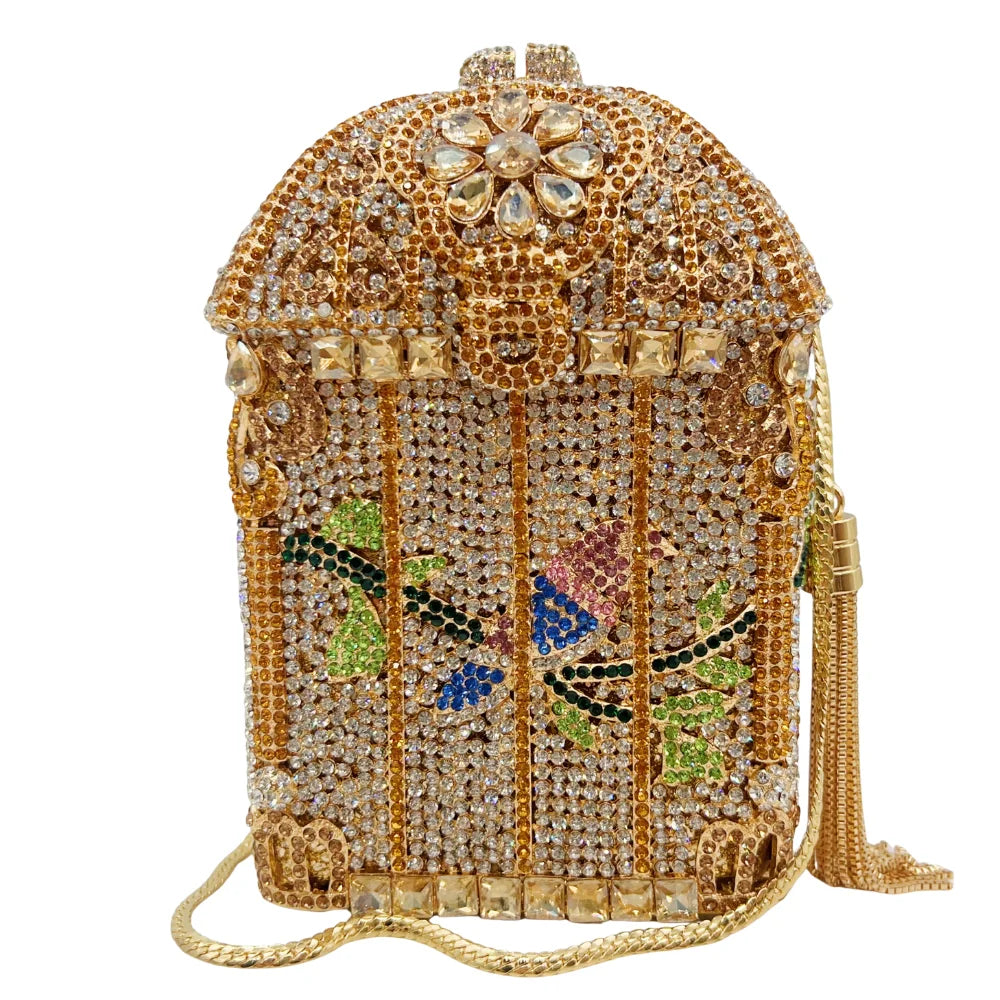 Nova chegou gaiola dourada strass embreagem luxo diamante saco festa pedra bolsa de cristal saco noite bolsa feminina