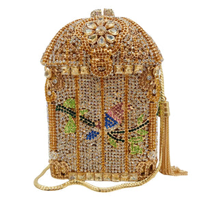 Nova chegou gaiola dourada strass embreagem luxo diamante saco festa pedra bolsa de cristal saco noite bolsa feminina