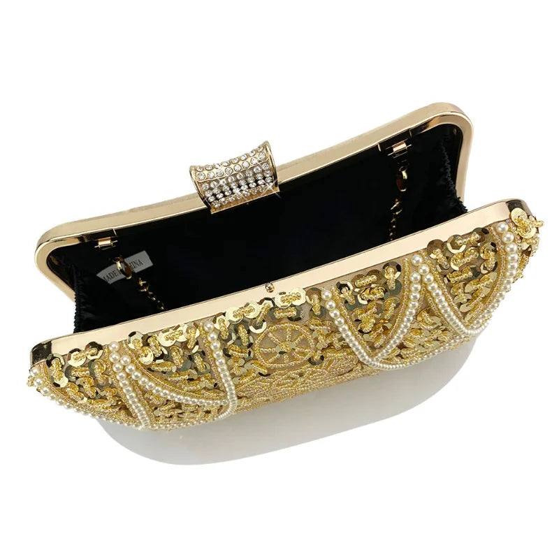 Sacos de noite frisados luxuosos com corrente metálica para mulheres, sacos de ombro femininos, embreagem do casamento, fechamento do diamante, bolsas do partido, sacos de noite