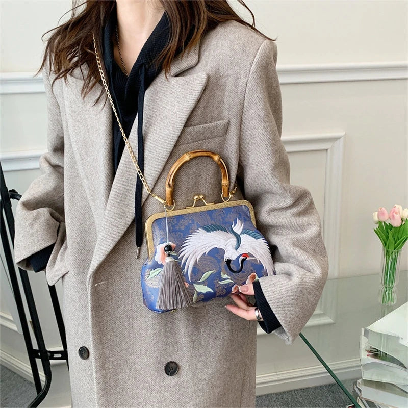 Bordado Jacquard Wood Hand Bag para Mulheres, Lock Shell Bags, Shoulder Crossbody Bag, Tote Cadeia, Bolsas Femininas, Bolsas, Designer