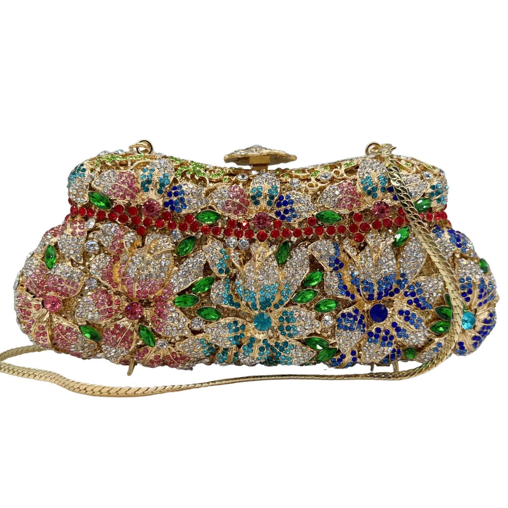 Flor de alta qualidade oco diamante jantar de casamento senhoras diamante corrente saco noite