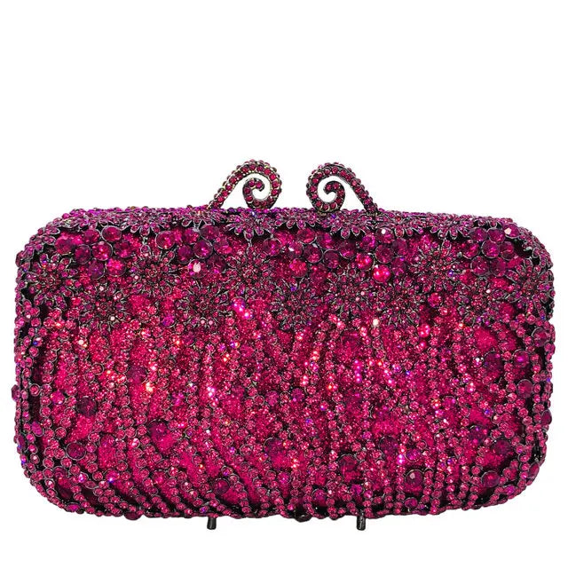 Boutique de fgg brilhante magenta strass bolsas de embreagem para mulheres elegantes, sacos de embreagem de noite formais, bolsa de embreagem de flor de noiva