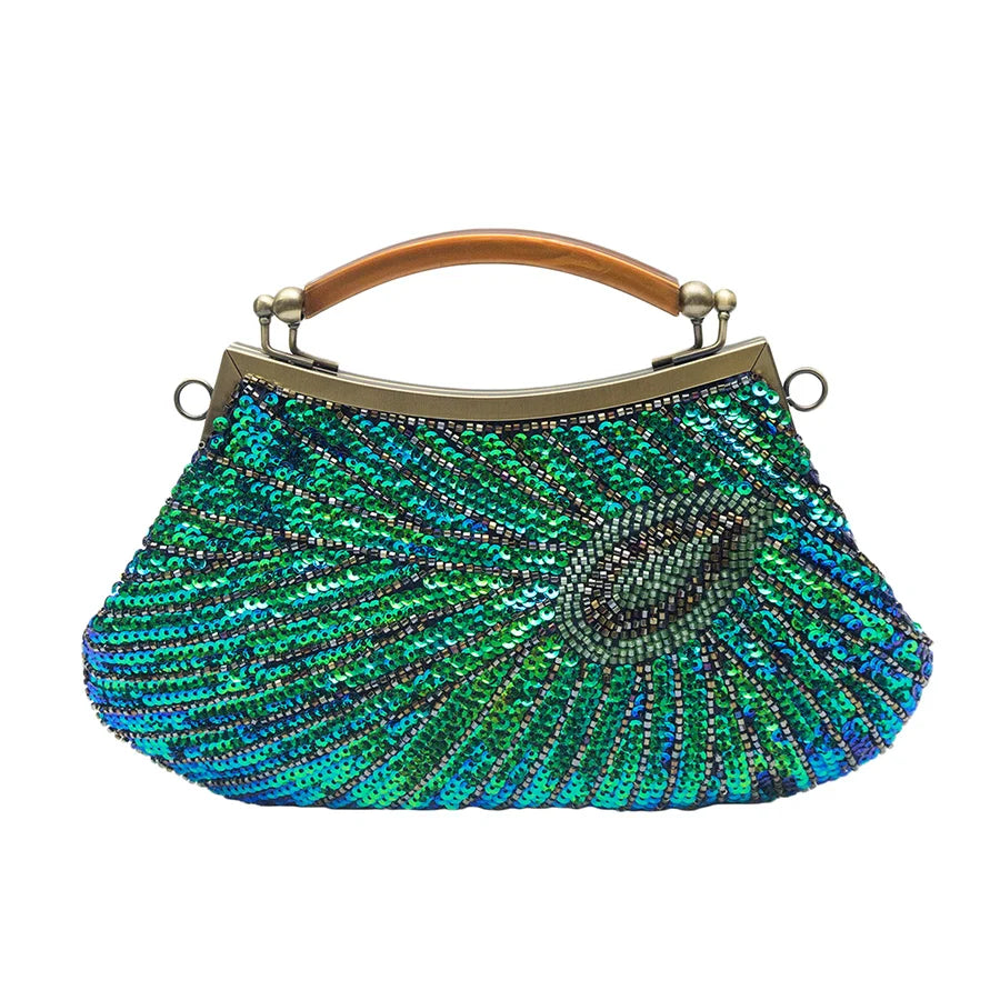 Bolsa luxuosa de lantejoulas com penas de pavão, feita à mão, retrô, cheongsam, bolsa de jantar, bolsa de mão com contas para vestido de casamento, jantar