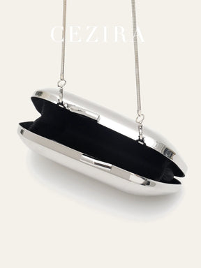Ccezira bolsa de mão feminina luxuosa, caixa de ferro brilhante, bolsa de mão de noite, formato assimétrico, corrente longa, para coquetel, data
