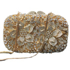 Fornecimento de fábrica glitter flor metal dourado elegante cristal bolsa embreagem strass festa casamento bolsa feminina bolsa de noite