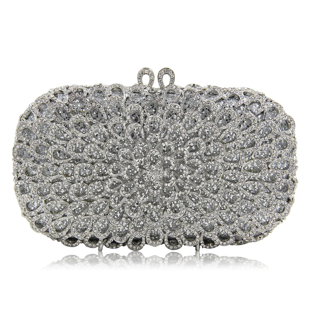 Strass vazio metal cristal jantar diamante bolsa de embreagem feminina mini crossbody com corrente de strass floral frisado sacola