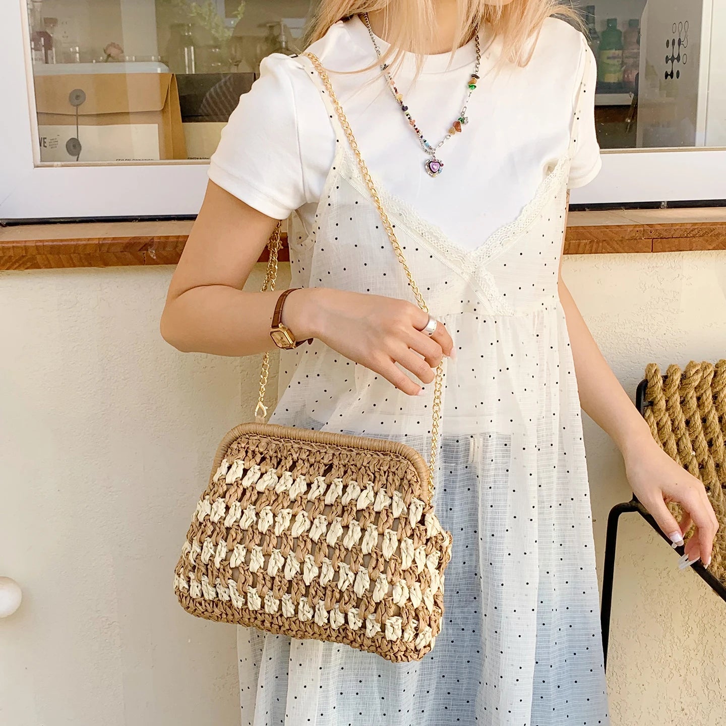 Moda a céu aberto malha sacos de ombro para mulheres elegante trançado fecho design leve crossbody bolsa verão praia tote bolsa