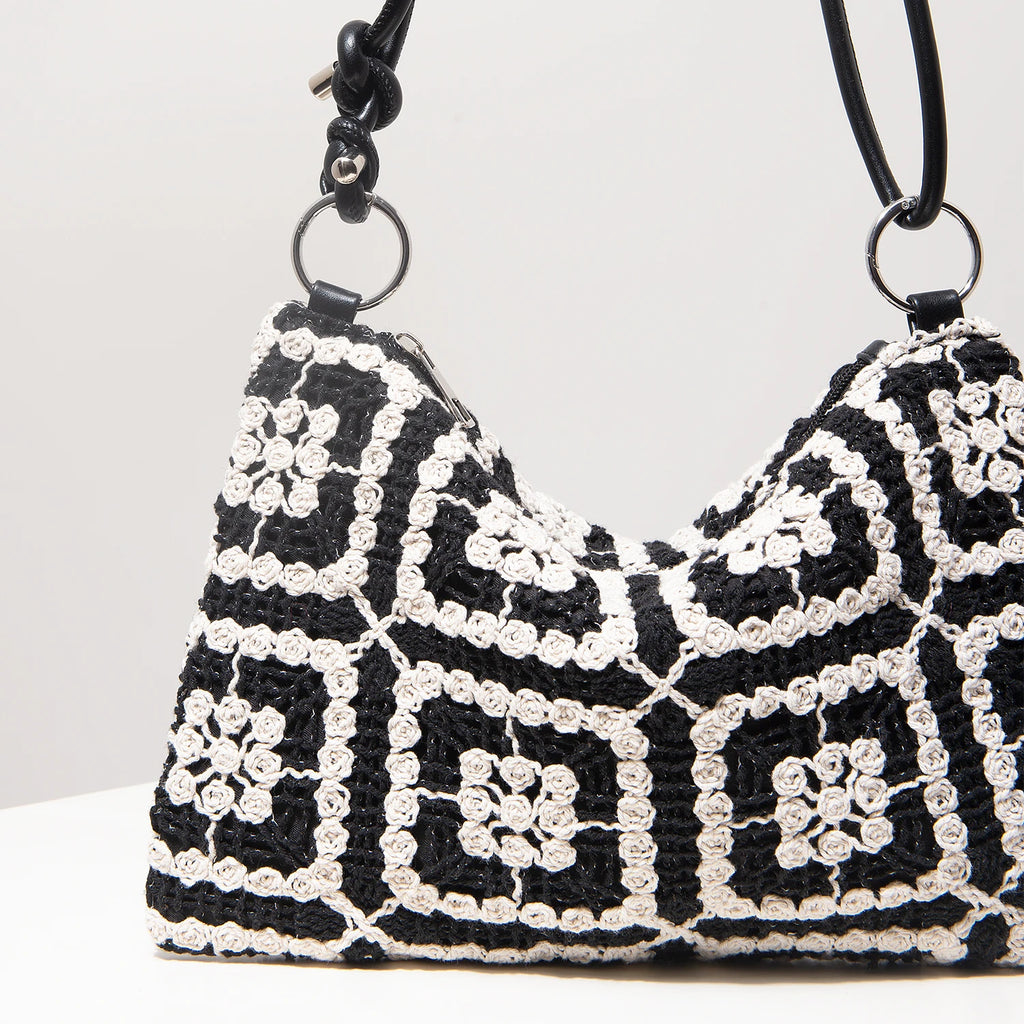 Sacolas de ombro de tricô oco com padrão para mulheres, bolsas de praia boho para mulheres, roupas de férias, bolsa de guê (padrão aleatório)