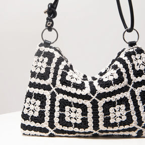 Sacolas de ombro de tricô oco com padrão para mulheres, bolsas de praia boho para mulheres, roupas de férias, bolsa de guê (padrão aleatório)