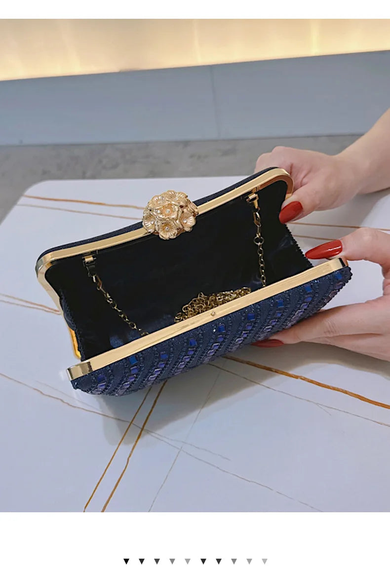 Bolsa de jantar com travesseiro azul safira, versátil, luxuosa, temperamento, bolsa de mão, retrô, diamante quente, banquete, bolsa feminina