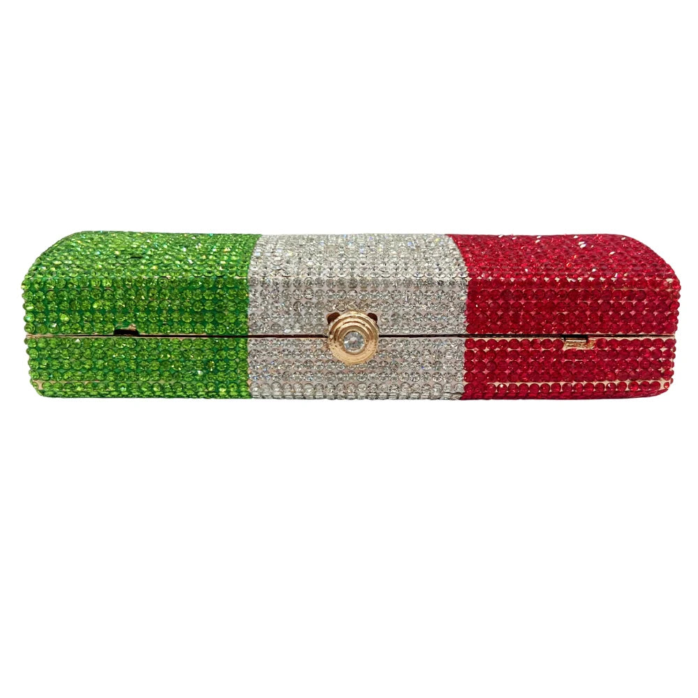 Bolsa de diamante em forma de bandeira italiana de luxo de alta qualidade, festa de casamento de diamante, bolsa, bolsa de noite, embreagem de cristal