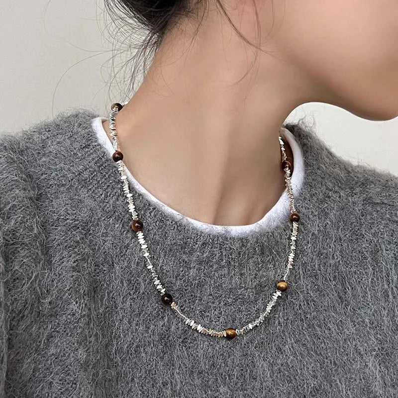 Vintage marrom natural tigre olho pedra gargantilha colar para mulher 2025 nova moda artesanal frisado corrente colar jóias presente