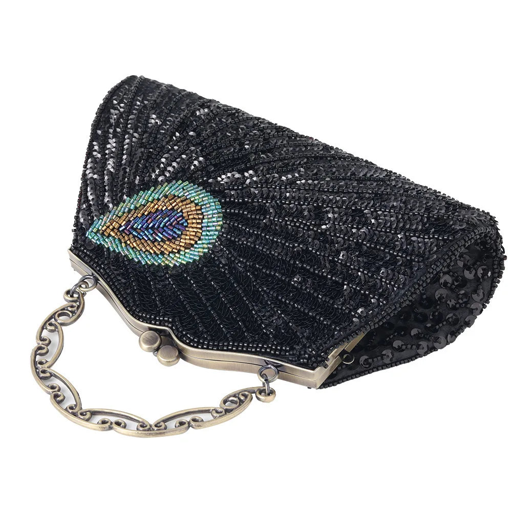 Bolsa retrô crossbody com miçangas brilhantes, para noite, cheongsam, bolsa de nuvem de poliéster macio, formato de zíper, fivela, fechamento, combinação diária