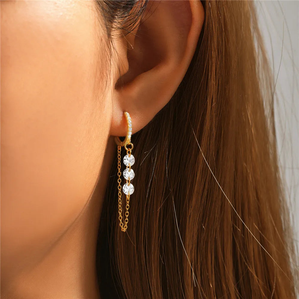 Aide 925 prata esterlina três zircão gota longa corrente ouro hoop fivela piercing brincos para mulheres casual jóias festa presente