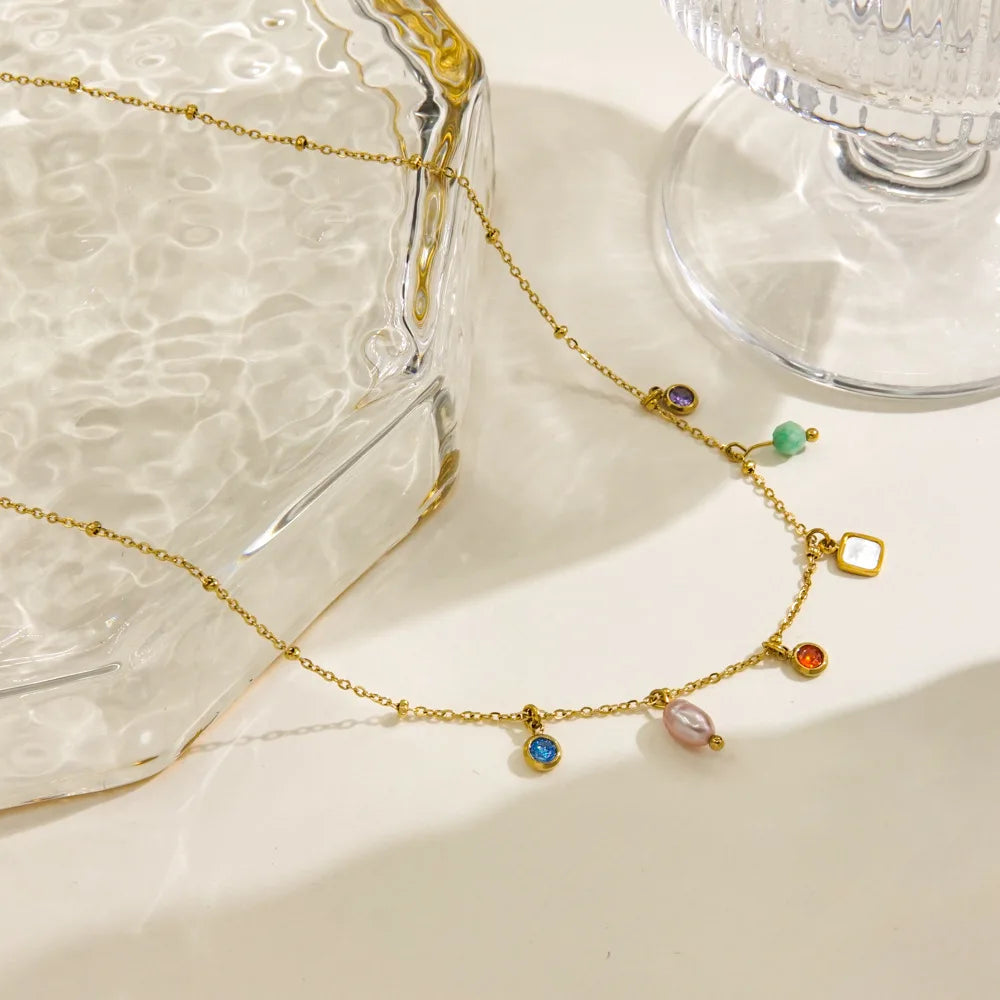 V. Aço inoxidável moda borla natural pérola concha colar de pedra natural feminino jóias estéticas