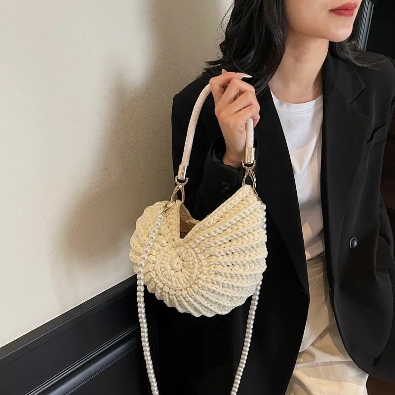 Bolsa crossbody em formato de concha artesanal, feminina, estilo praia, alça de ombro, bolsa acabada, forro de poliéster vintage, interior poc