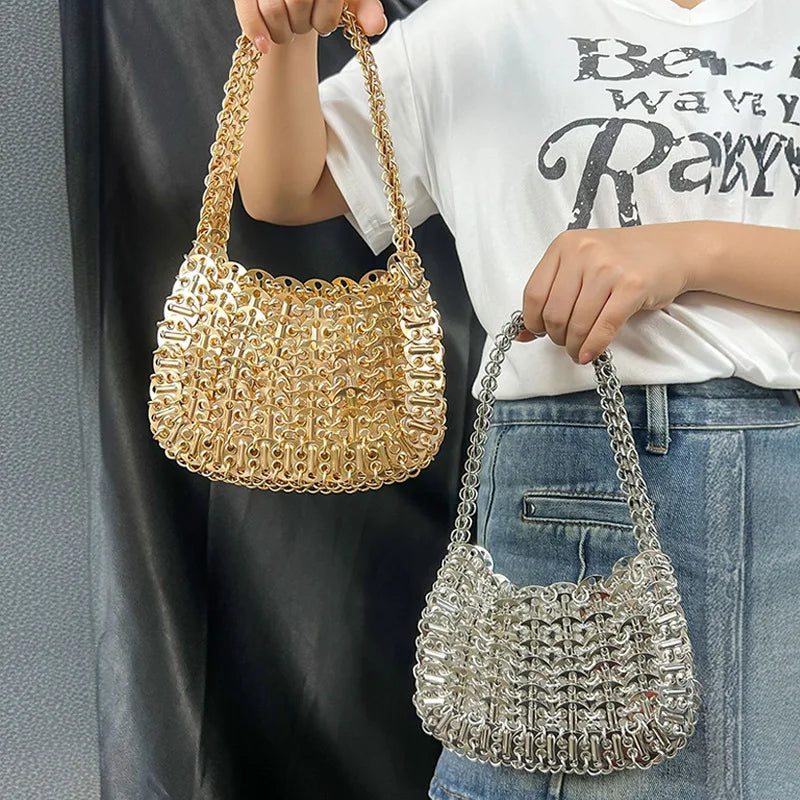 Retro Ins Metal Brilhante Lantejoulas Pequeno Quadrado Bolsa Frisada Tecelagem Jantar Festa Bolsa Rua Tendência Material de Ferro Travesseiro Macio...