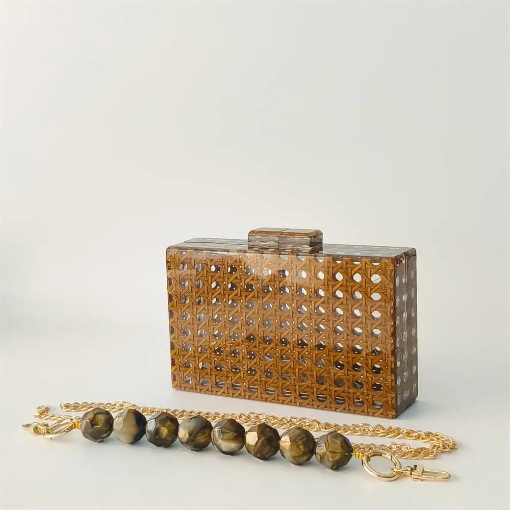 Acrílico ovo cana rattan saco de embreagem luxo festa casamento bolsa verão praia marrom escuro aleta bolsa feminina senhora designer bolsa