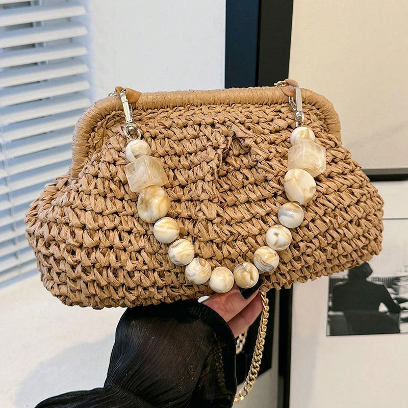 Bolsas de palha femininas da moda, bolsas de ombro estilo tecido moderno e de nicho, bolsas crossbody.