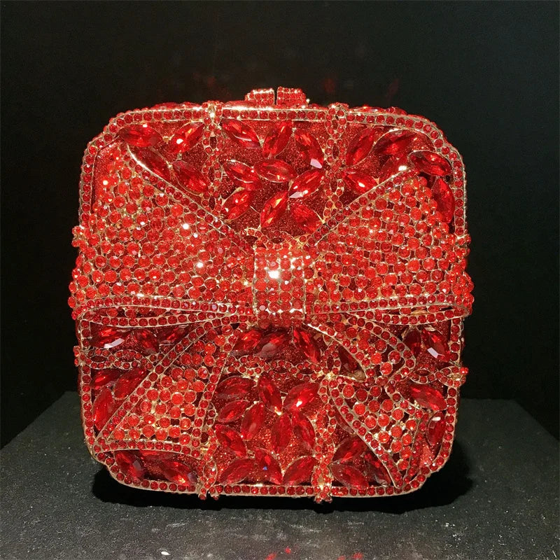 Caixa de presente com laço de borboleta incrustada com diamantes, bolsa quadrada pequena de mão com strass de alta qualidade, bolsa de ombro crossbody