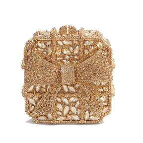 Caixa de presente com laço de borboleta incrustada com diamantes, bolsa quadrada pequena de mão com strass de alta qualidade, bolsa de ombro crossbody