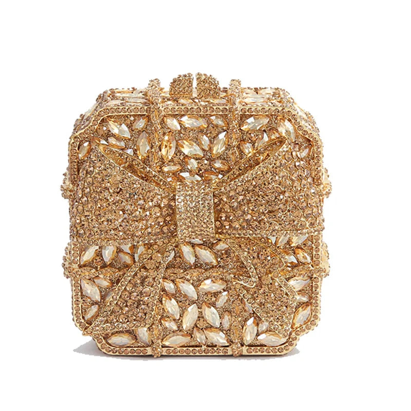 Caixa de presente com laço de borboleta incrustada com diamantes, bolsa quadrada pequena de mão com strass de alta qualidade, bolsa de ombro crossbody