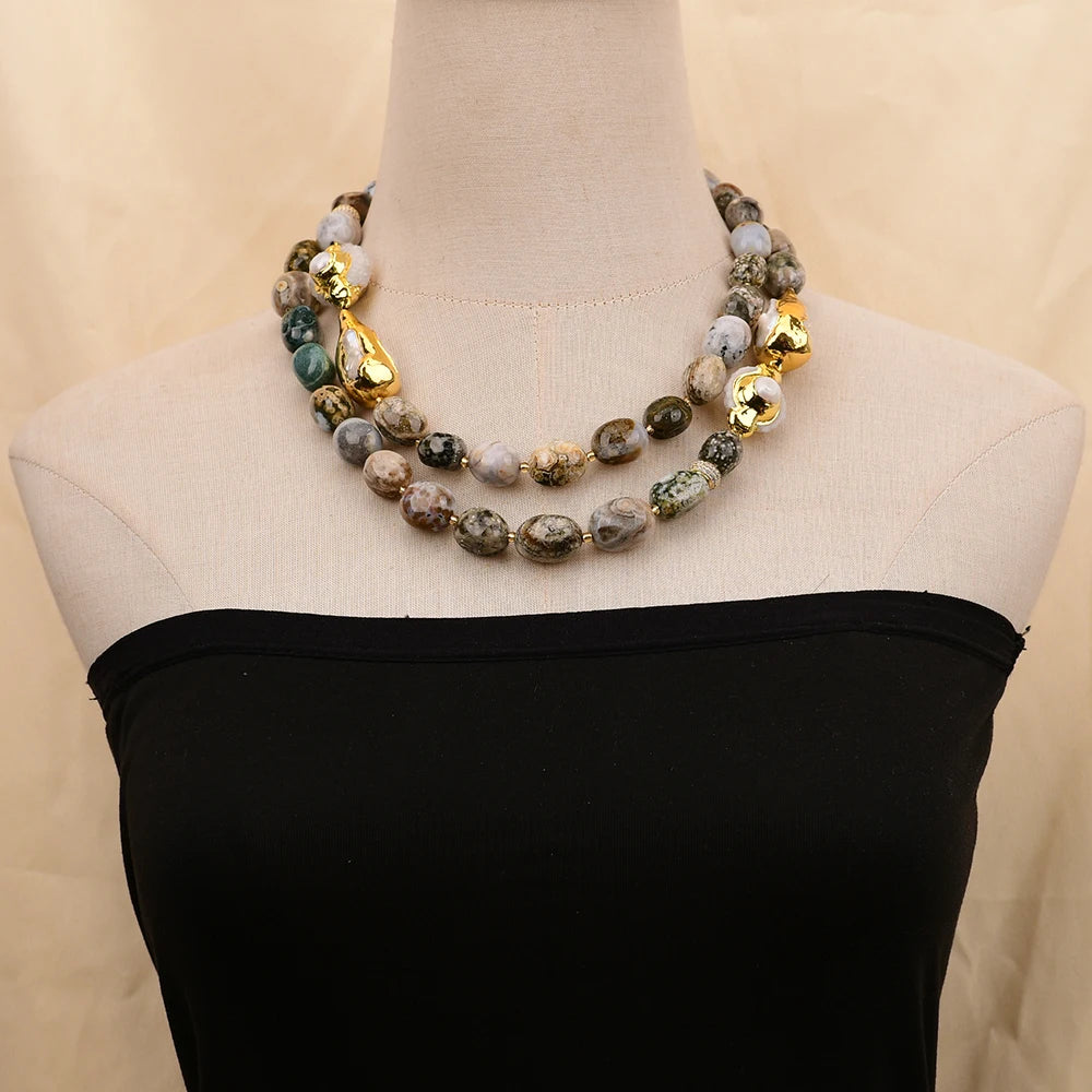 Colar de Ágata Oceânica Natural G-G com 2 Fileiras, Pérola Biwa Branca, Quartzo Druzy, Feito à Mão para Mulheres