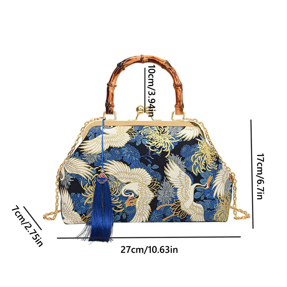 Bolsa de mão de noite com alça de rattan, guindaste coroado vermelho, estampa de borla, corrente, bolsa de ombro, bolsa crossbody para mulheres, noiva, casamento