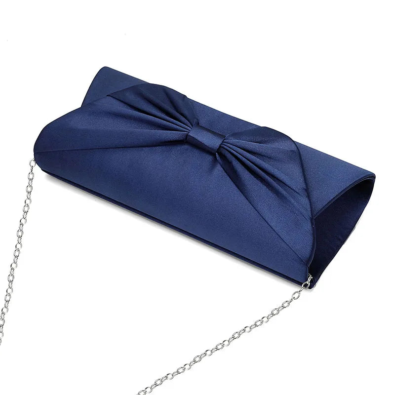 Bolsa de noite cetim bowknot para mulheres, embreagem elegante, bolsas nupciais, embreagens de casamento, corrente de metal, bolsa de ombro crossbody