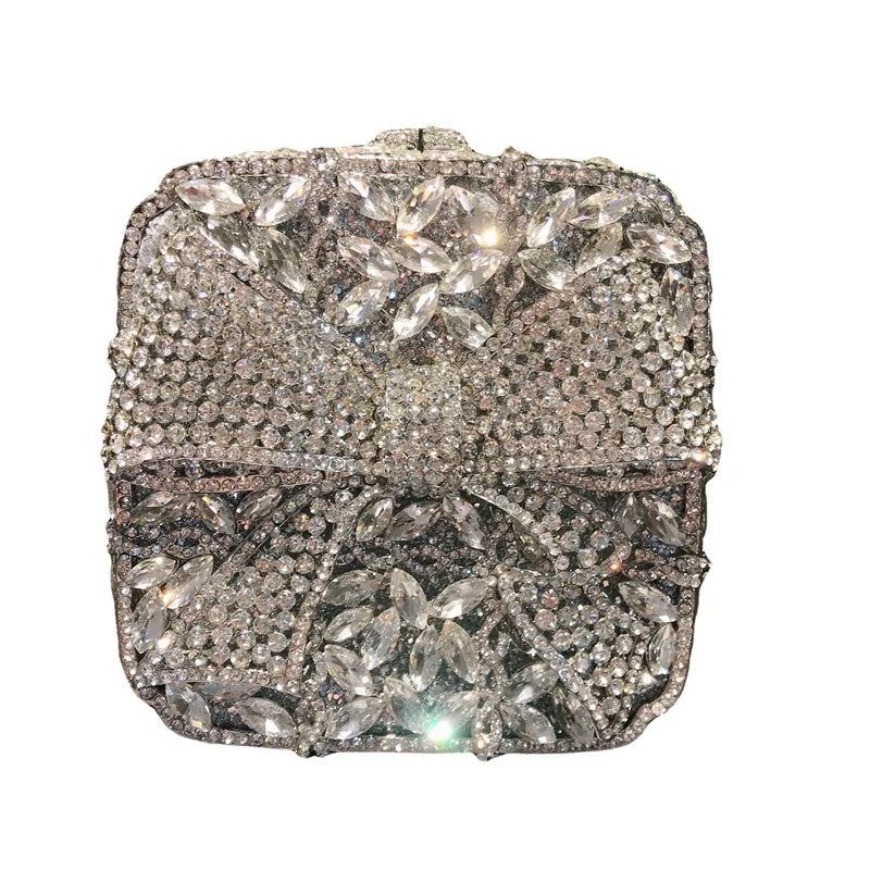 Caixa de presente com laço de borboleta incrustada com diamantes, bolsa quadrada pequena de mão com strass de alta qualidade, bolsa de ombro crossbody