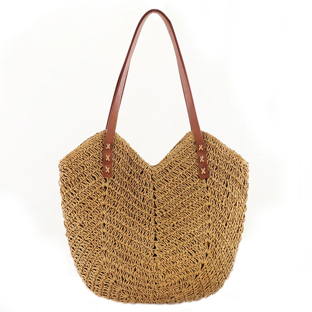 Bolsa de palha de verão tecida à mão para mulheres elegante bolsa de férias de praia bolsa de ombro de grande capacidade