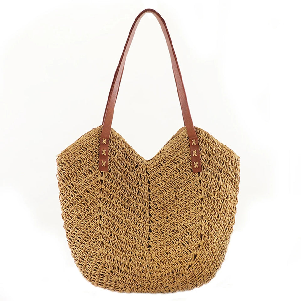 Bolsa de palha de verão tecida à mão para mulheres elegante bolsa de férias de praia bolsa de ombro de grande capacidade