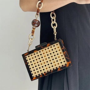 Design de moda acrílico leopardo palha sacos para mulheres correntes grossas bolsa ombro vime tecido praia designer caixa saco tote