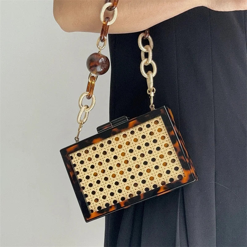 Design de moda acrílico leopardo palha sacos para mulheres correntes grossas bolsa ombro vime tecido praia designer caixa saco tote