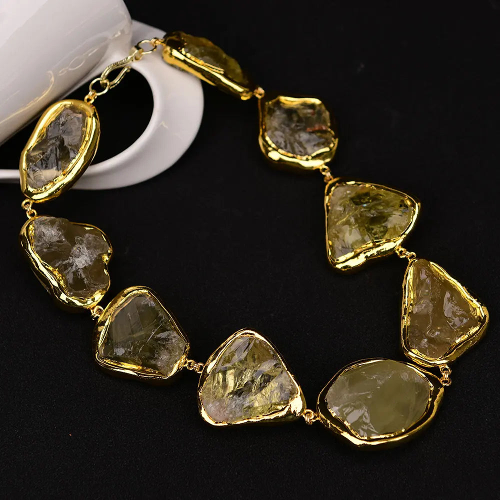 G-G 18 '' Natural Limão Quartzo Grande Bruto Borda de Ouro Banhado Gargantilhas Colar