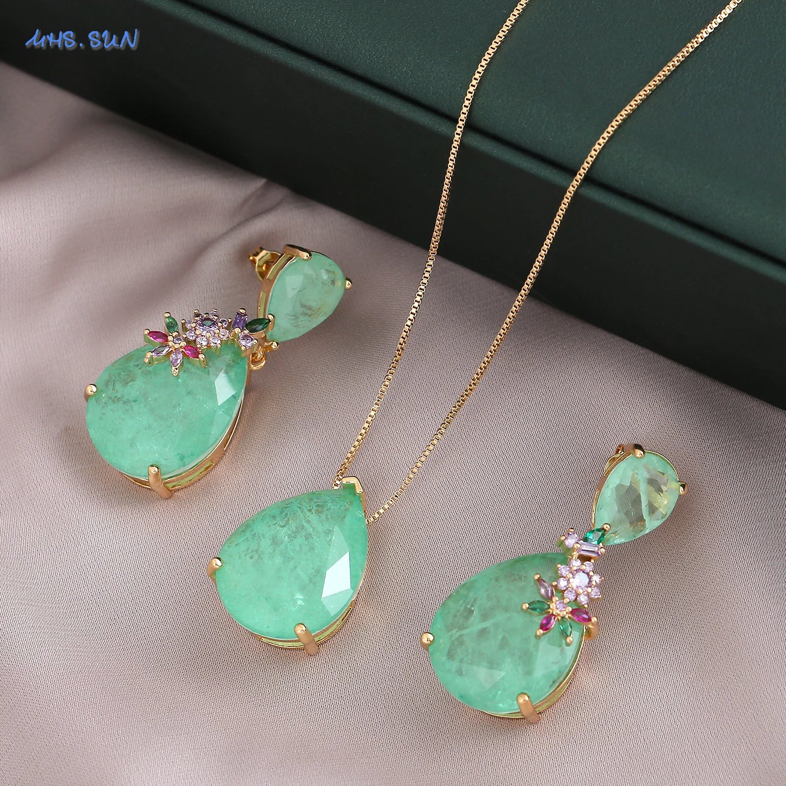 sun luxo gota de água colar brinco para festa de casamento feminino verde vermelho pedra conjunto jóias natal presentes do dia dos namorados