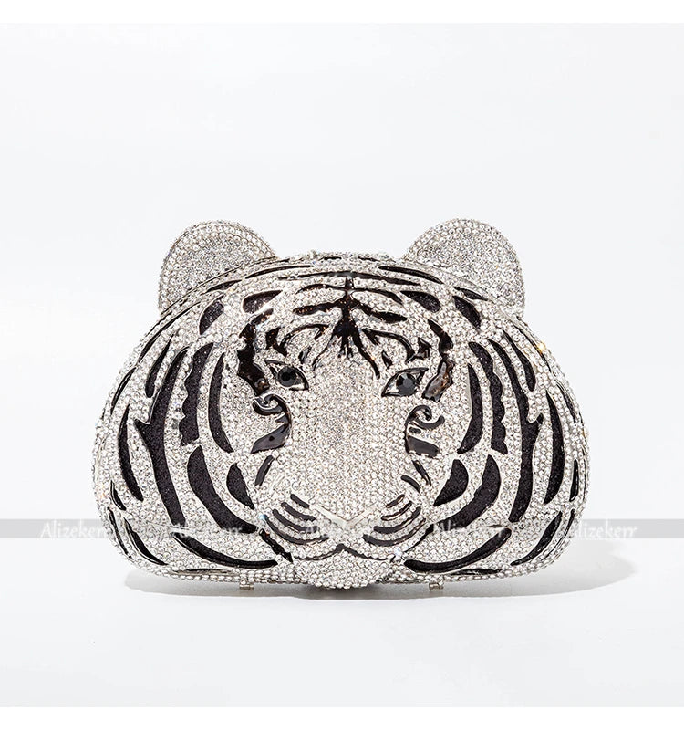Três-d cabeça de tigre cristal noite sacos de embreagem para festa de casamento metal strass novidade bolsas e bolsas designer de luxo