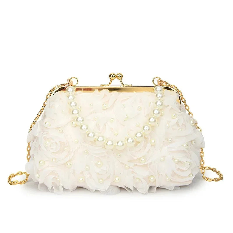 Doce estilo pérola corrente noite saco de embreagem malha macia renda dobrado bainha versão coreana bolsa crossbody para mulher