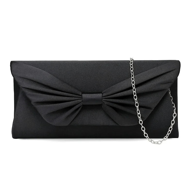 Bolsa de noite cetim bowknot para mulheres, embreagem elegante, bolsas nupciais, embreagens de casamento, corrente de metal, bolsa de ombro crossbody