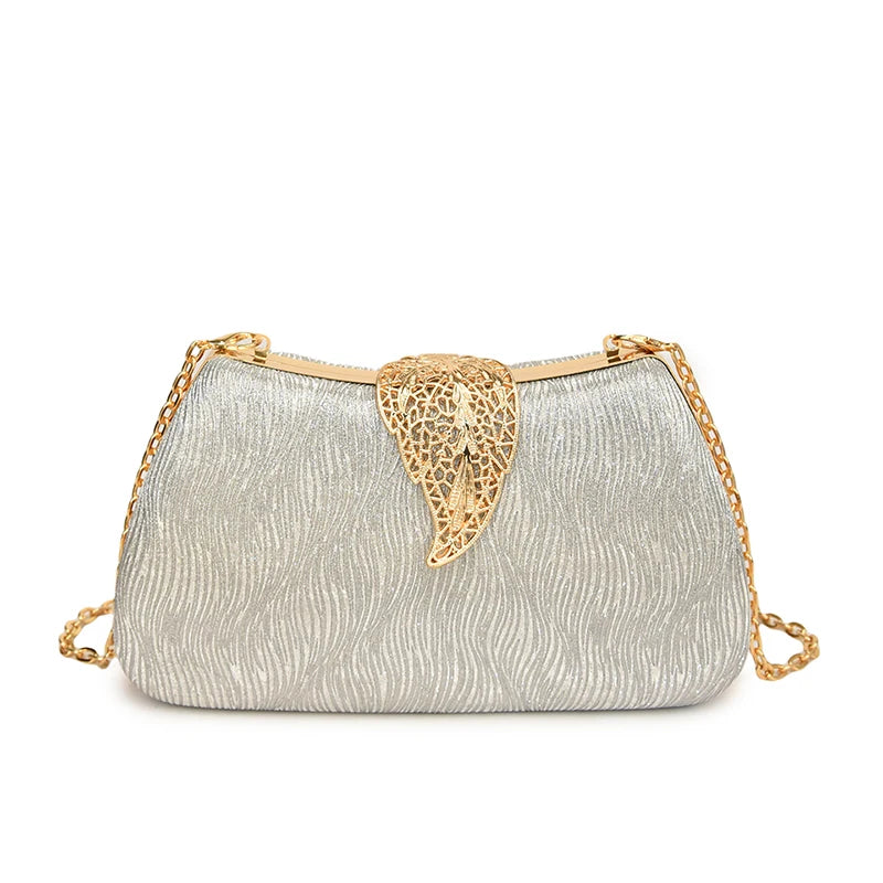 Saco de banquete de fivela de folha elegante, Bolsa portátil com corrente versátil, Vestido Cruz Diagonal, Novo, 2024