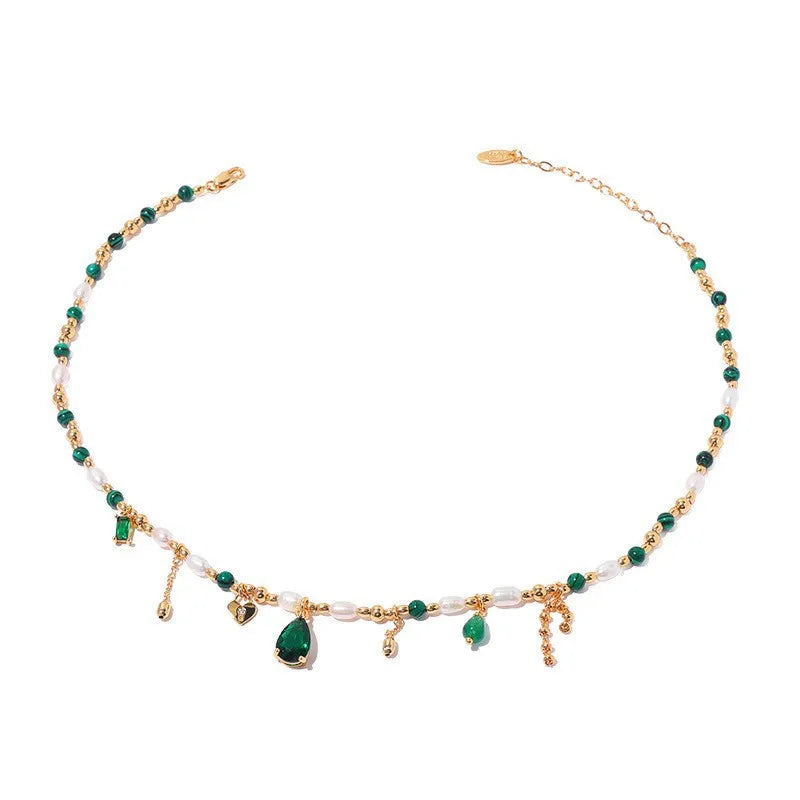Natural verde malaquita pedra grânulos pérola borla colar para mulher clavícula corrente zircão pingente elegante charme festa jóias