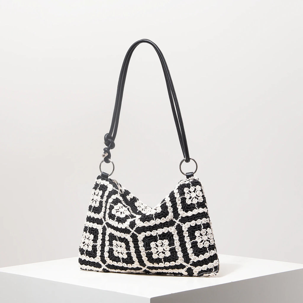 Sacolas de ombro de tricô oco com padrão para mulheres, bolsas de praia boho para mulheres, roupas de férias, bolsa de guê (padrão aleatório)
